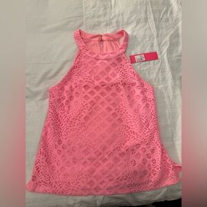 NWT LILLY PULITZER Rayanne Top, Pelican Pink Pineapple Geo Lace, Size Large